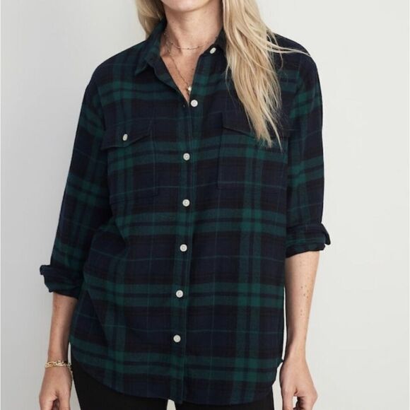 Cotton Plaid flannel boyfriend shirt tunic style size M Black Watch Tartan - Picture 2 of 7